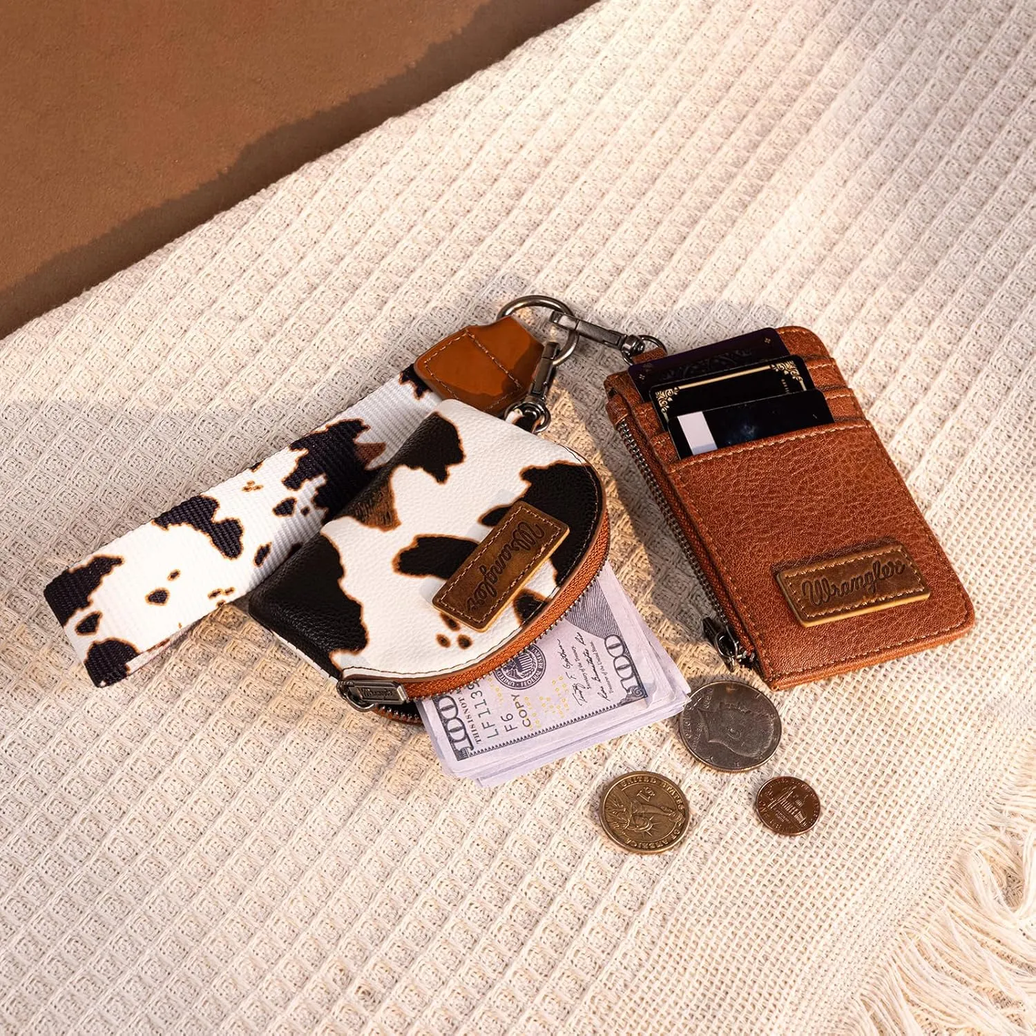 Wrangler KeyChain Wristlet Wallets for Women Western Dual Pouch Wristlet Embroidered Boot Scroll Card Holder Wallet With Zipper