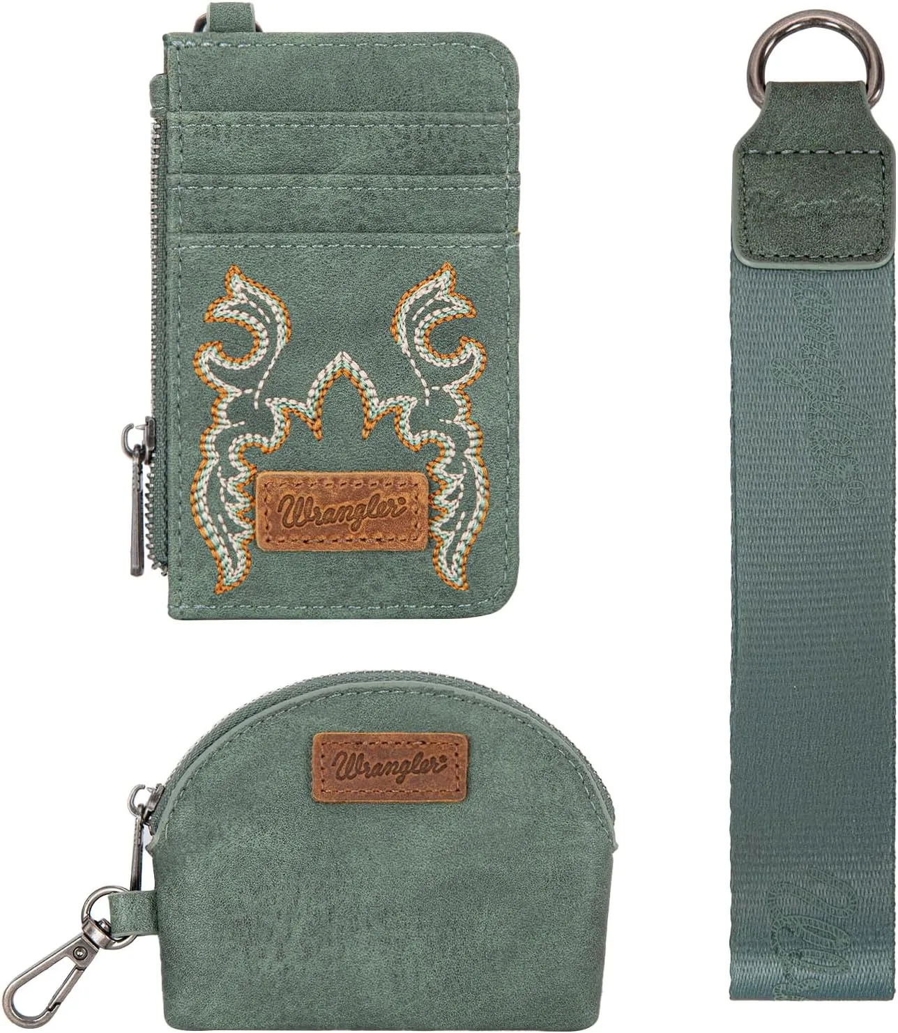 Wrangler KeyChain Wristlet Wallets for Women Western Dual Pouch Wristlet Embroidered Boot Scroll Card Holder Wallet With Zipper