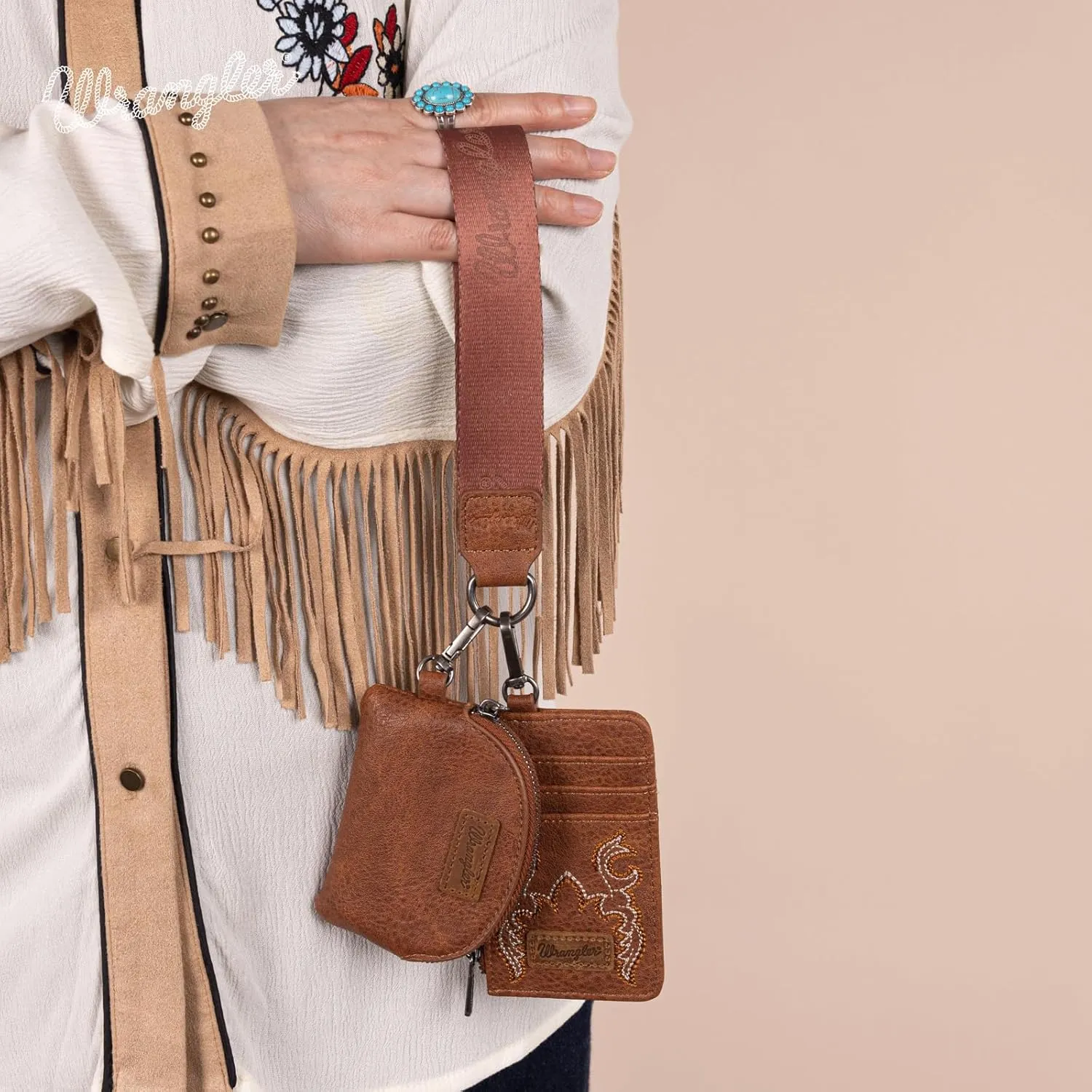 Wrangler KeyChain Wristlet Wallets for Women Western Dual Pouch Wristlet Embroidered Boot Scroll Card Holder Wallet With Zipper