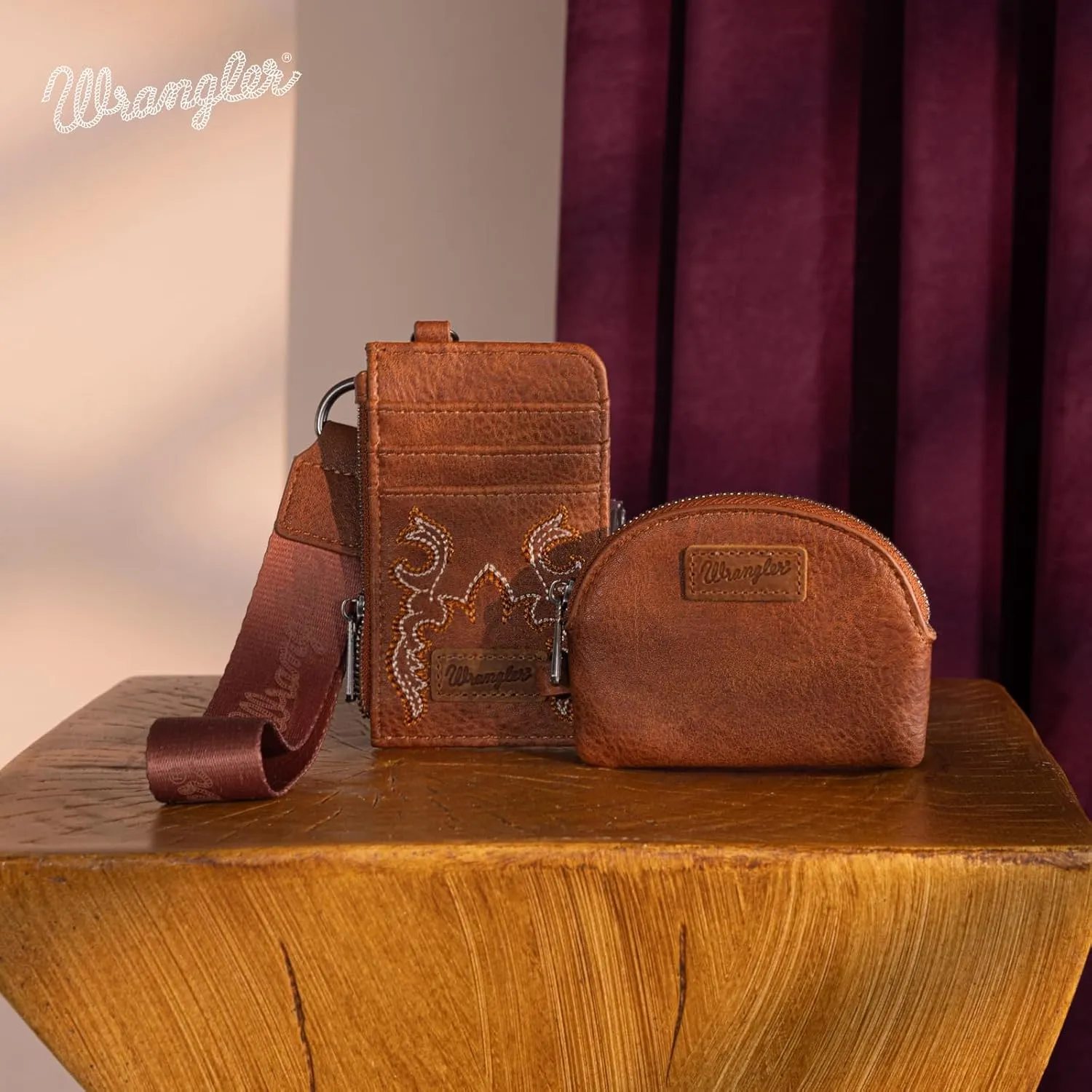 Wrangler KeyChain Wristlet Wallets for Women Western Dual Pouch Wristlet Embroidered Boot Scroll Card Holder Wallet With Zipper