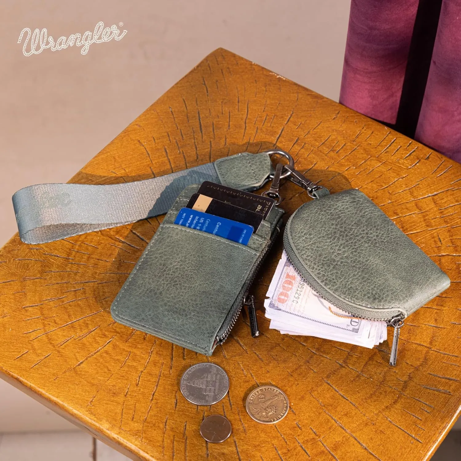 Wrangler KeyChain Wristlet Wallets for Women Western Dual Pouch Wristlet Embroidered Boot Scroll Card Holder Wallet With Zipper