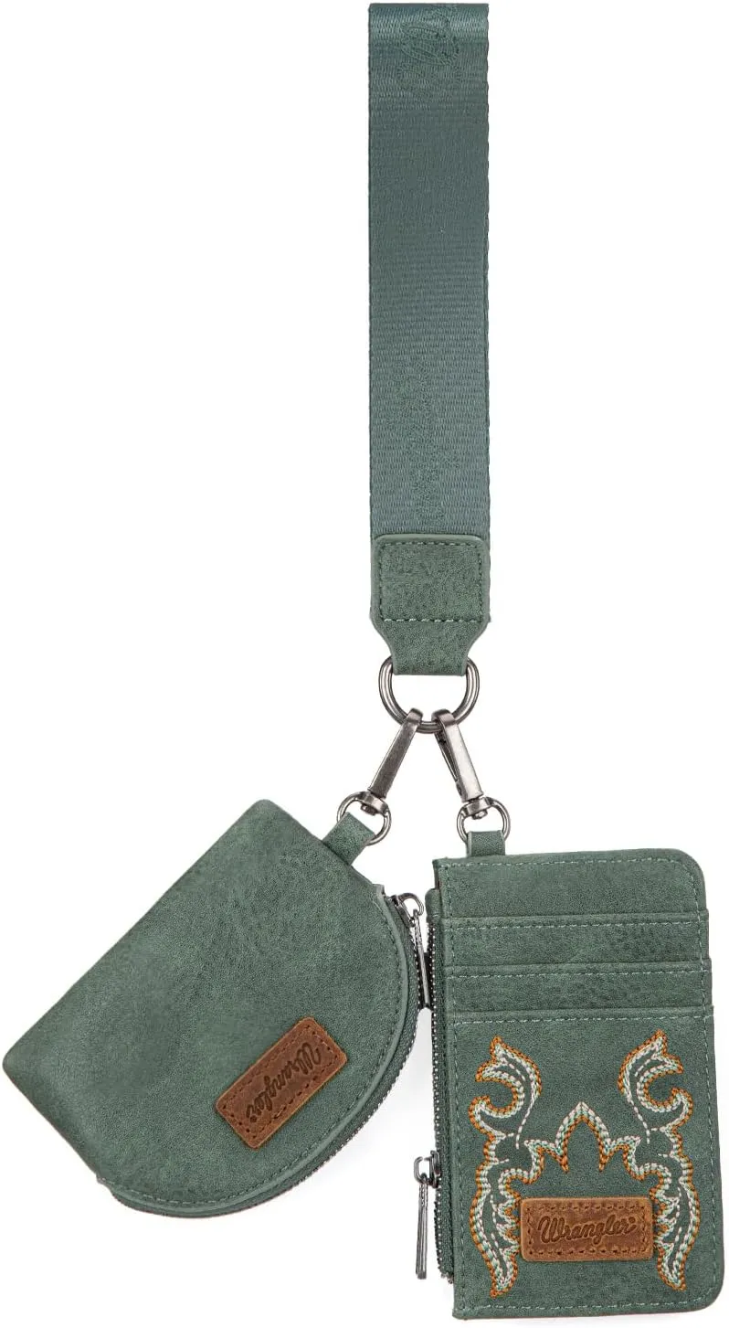 Wrangler KeyChain Wristlet Wallets for Women Western Dual Pouch Wristlet Embroidered Boot Scroll Card Holder Wallet With Zipper