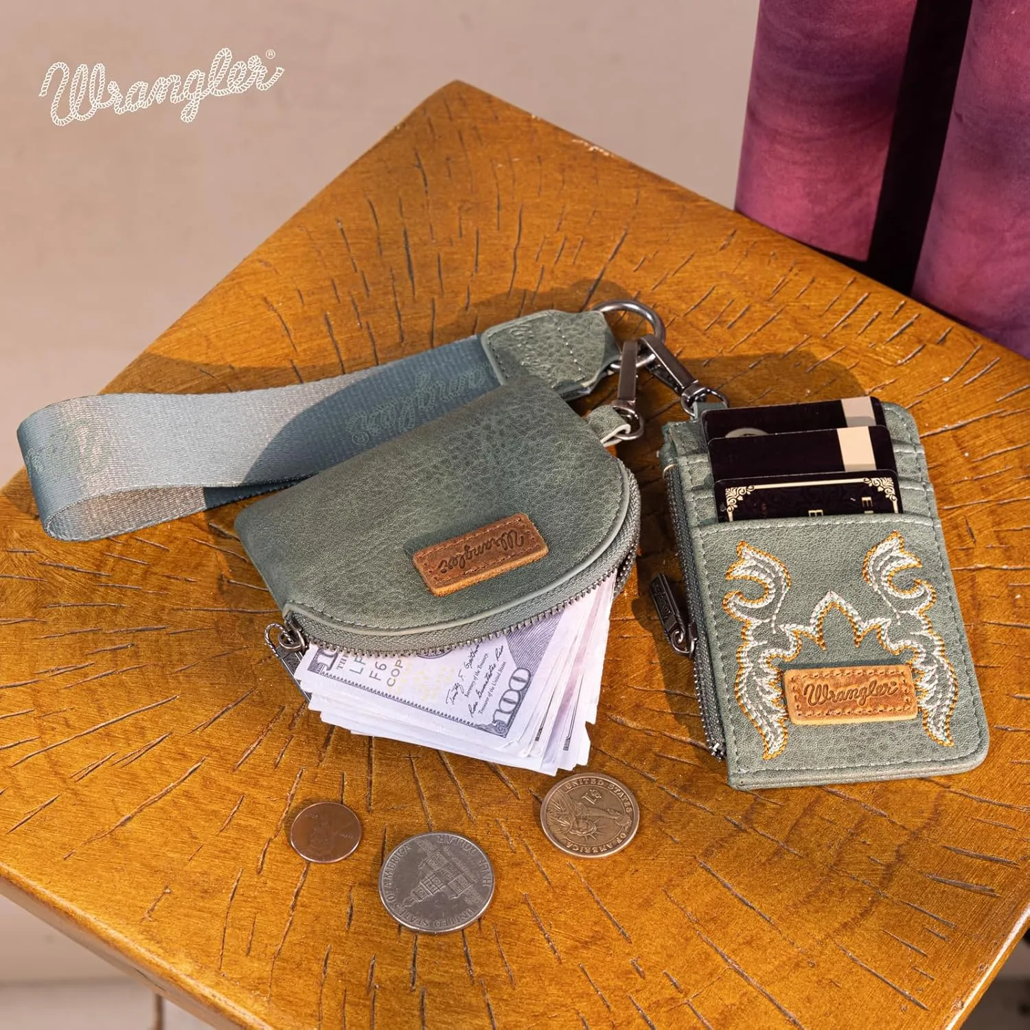 Wrangler KeyChain Wristlet Wallets for Women Western Dual Pouch Wristlet Embroidered Boot Scroll Card Holder Wallet With Zipper