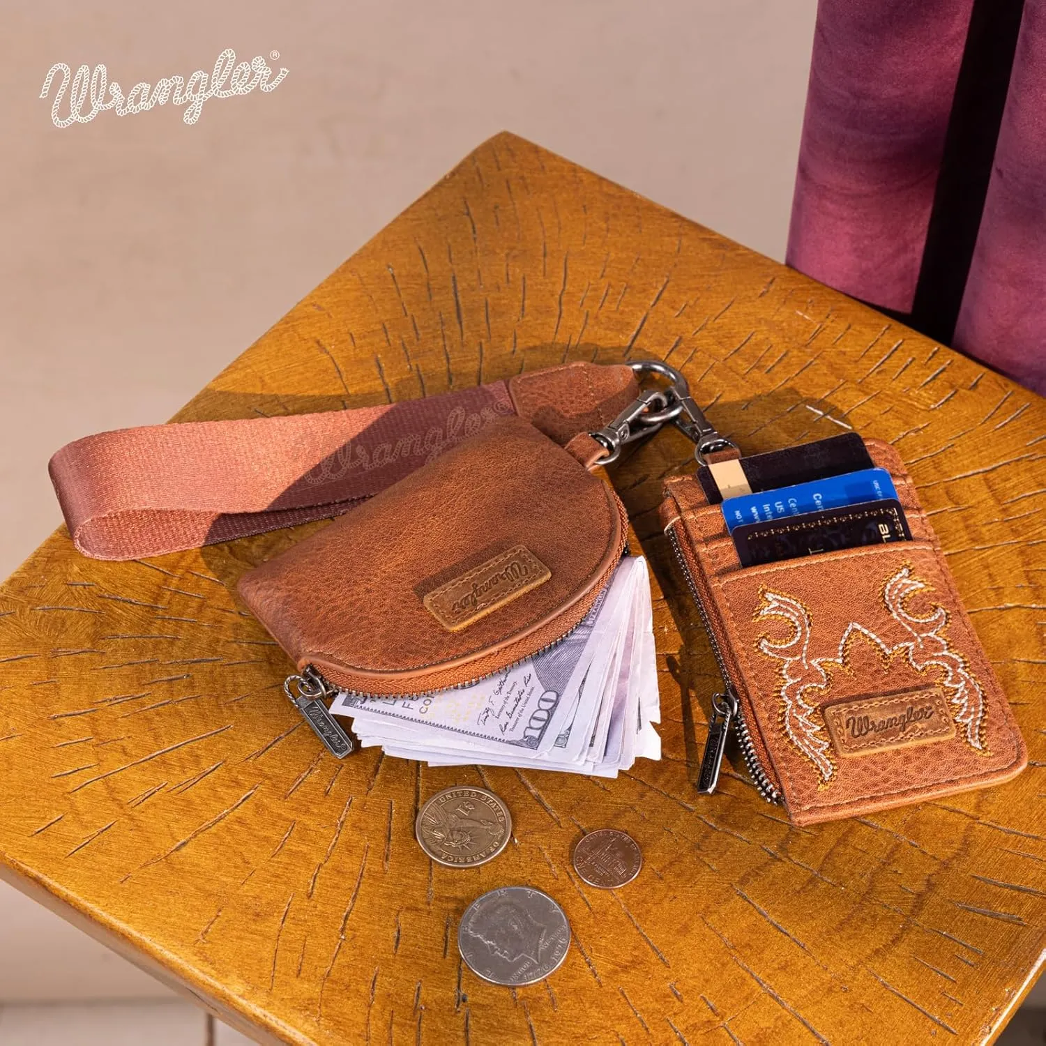 Wrangler KeyChain Wristlet Wallets for Women Western Dual Pouch Wristlet Embroidered Boot Scroll Card Holder Wallet With Zipper