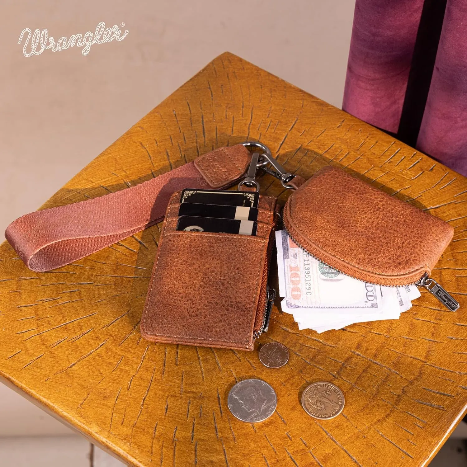 Wrangler KeyChain Wristlet Wallets for Women Western Dual Pouch Wristlet Embroidered Boot Scroll Card Holder Wallet With Zipper