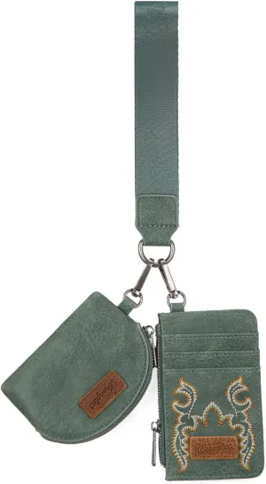 Wrangler KeyChain Wristlet Wallets for Women Western Dual Pouch Wristlet Embroidered Boot Scroll Card Holder Wallet With Zipper