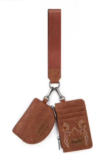 Wrangler KeyChain Wristlet Wallets for Women Western Dual Pouch Wristlet Embroidered Boot Scroll Card Holder Wallet With Zipper