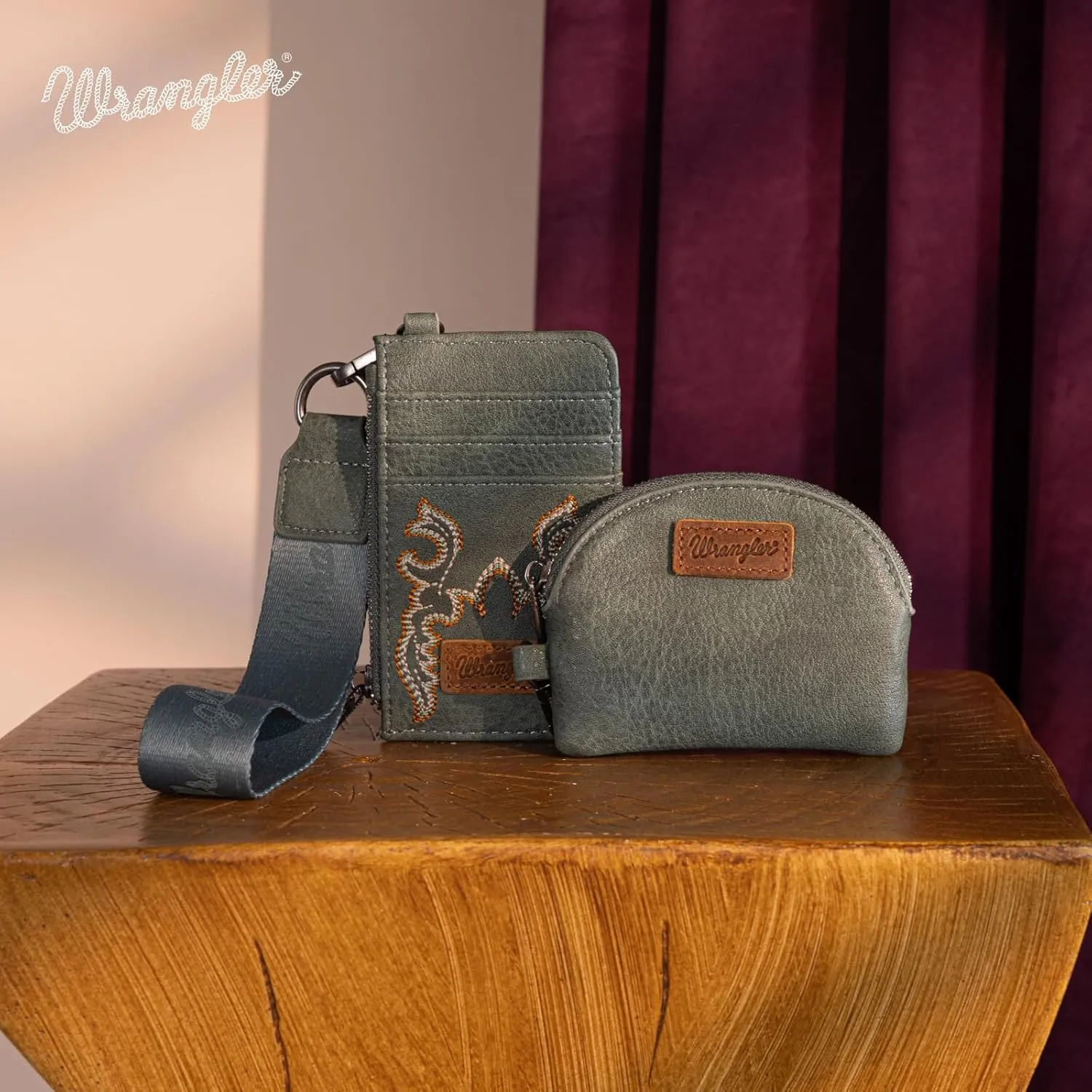 Wrangler KeyChain Wristlet Wallets for Women Western Dual Pouch Wristlet Embroidered Boot Scroll Card Holder Wallet With Zipper