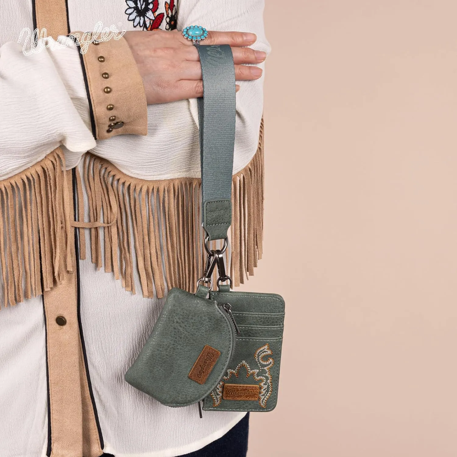 Wrangler KeyChain Wristlet Wallets for Women Western Dual Pouch Wristlet Embroidered Boot Scroll Card Holder Wallet With Zipper