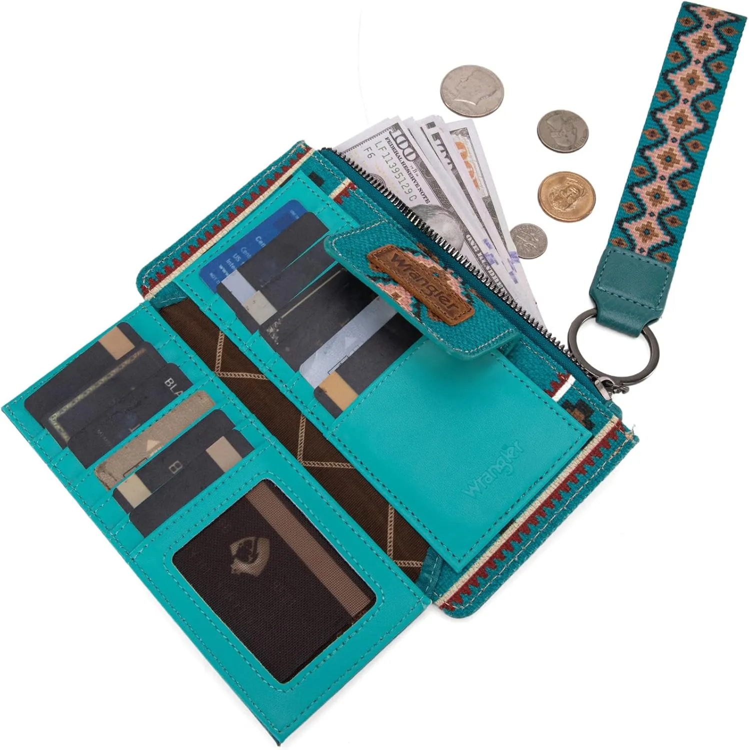 Wrangler Wallet Purse for Women Aztec Clutch Wristlet Wallet with Boho Credit Card Holder