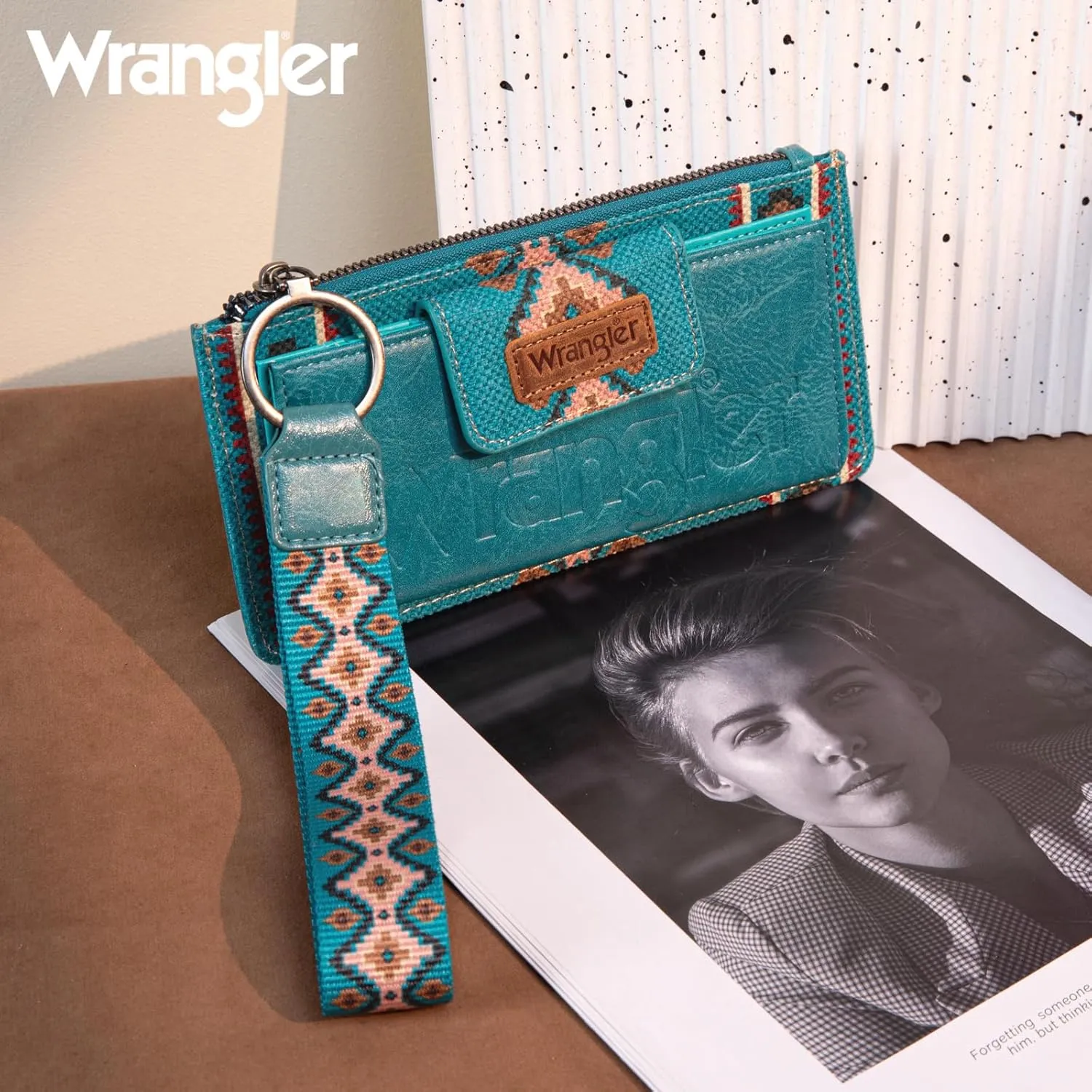 Wrangler Wallet Purse for Women Aztec Clutch Wristlet Wallet with Boho Credit Card Holder
