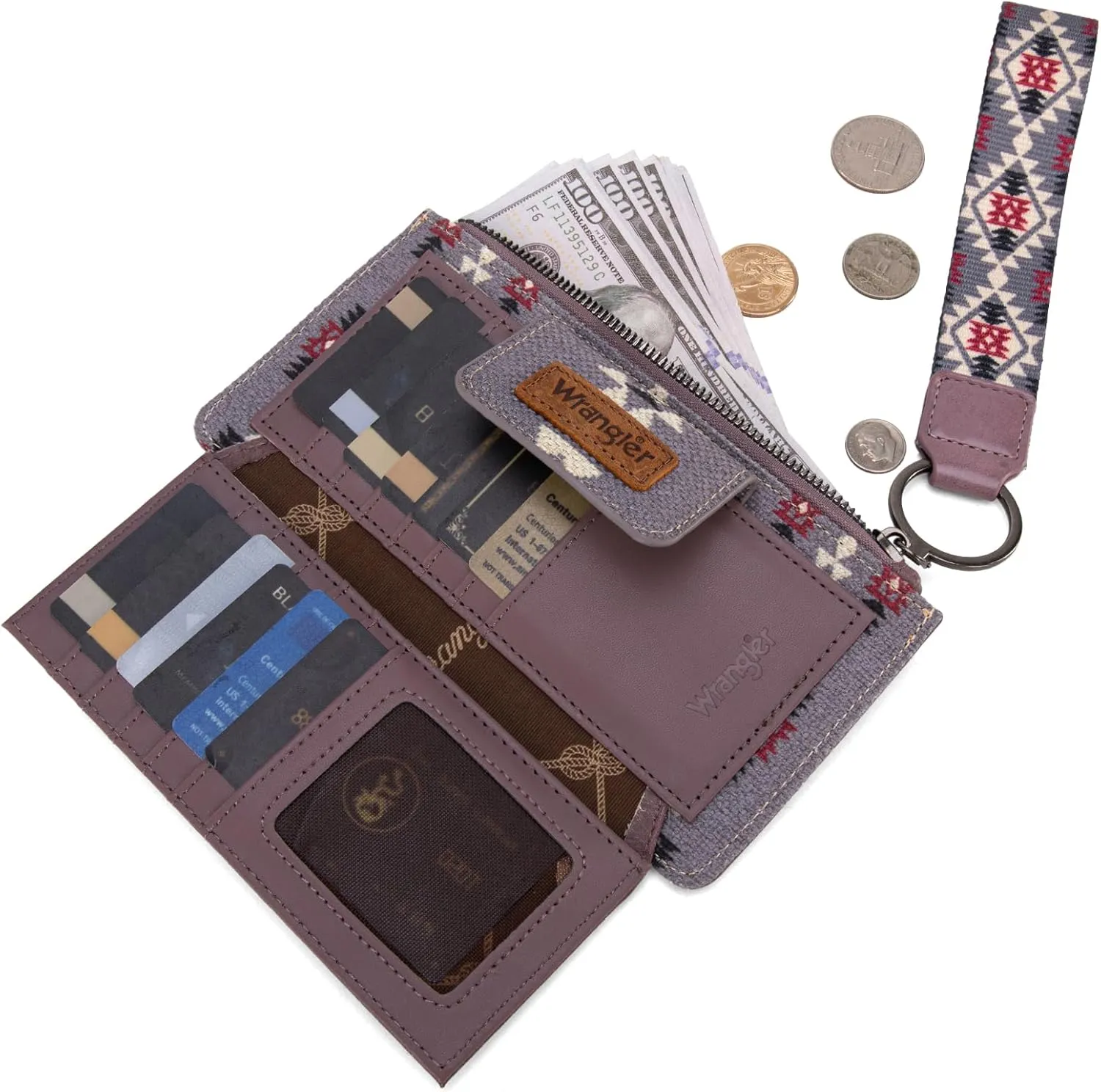 Wrangler Wallet Purse for Women Aztec Clutch Wristlet Wallet with Boho Credit Card Holder