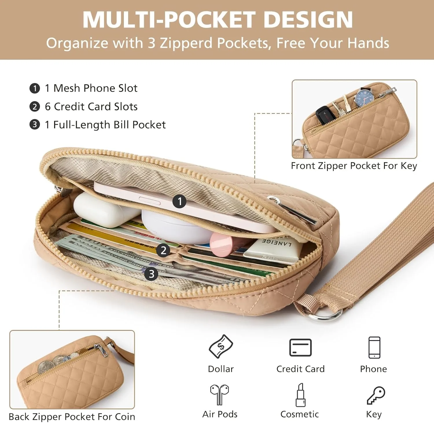 Wristlet Wallets Women RFID Card Holder 7.9" Phone Wallet Small Purse 3 Zipper Quilted Nylon Clutch Bag Daily Travel
