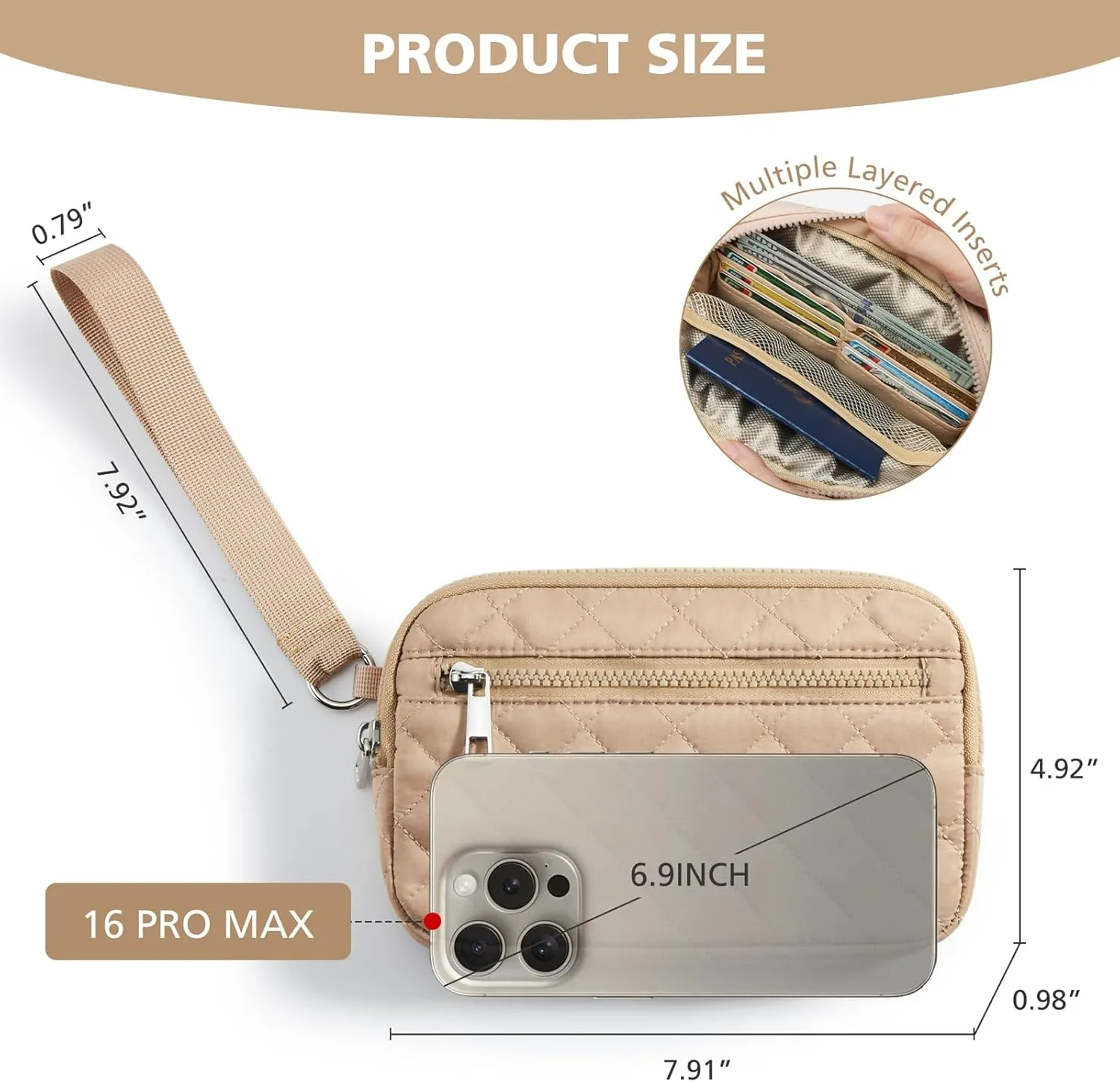 Wristlet Wallets Women RFID Card Holder 7.9" Phone Wallet Small Purse 3 Zipper Quilted Nylon Clutch Bag Daily Travel