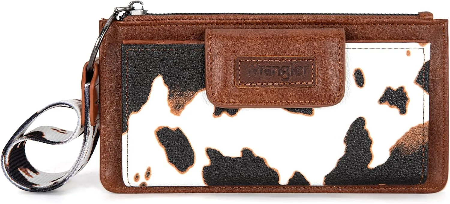 X Wrangler Cow Print Wallet for Women Ladies Female Card Cases & Money Organizers Wristlet with Wallet Large Clutch with Coin Purse Smooth Zipper and Rfid Lining