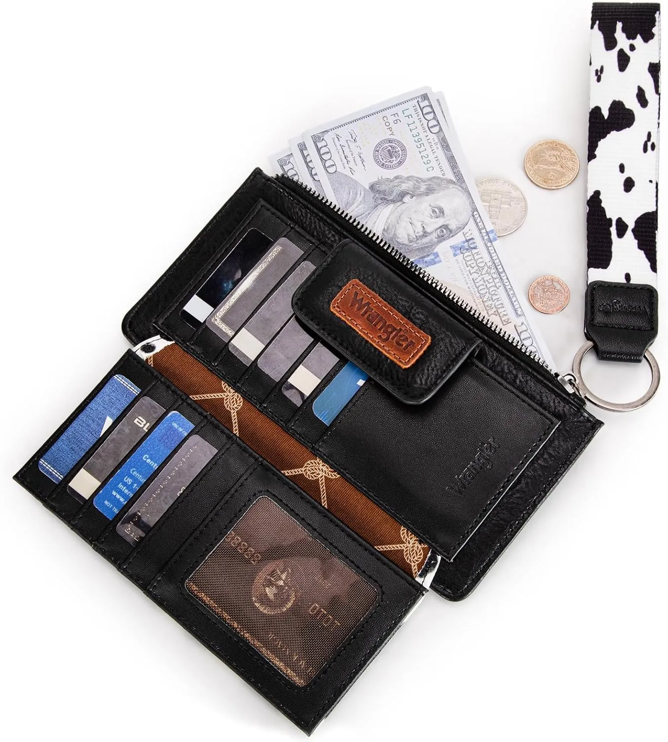 X Wrangler Cow Print Wallet for Women Ladies Female Card Cases & Money Organizers Wristlet with Wallet Large Clutch with Coin Purse Smooth Zipper and Rfid Lining