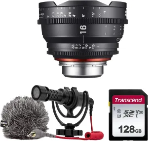 XEEN by ROKINON 16mm T2.6 Professional Cine Lens for Micro 4/3 Mount   Rode VideoMicro Compact On-Camera Microphone with Shock Mount and Furry Windshield   128GB High Speed Memory Card