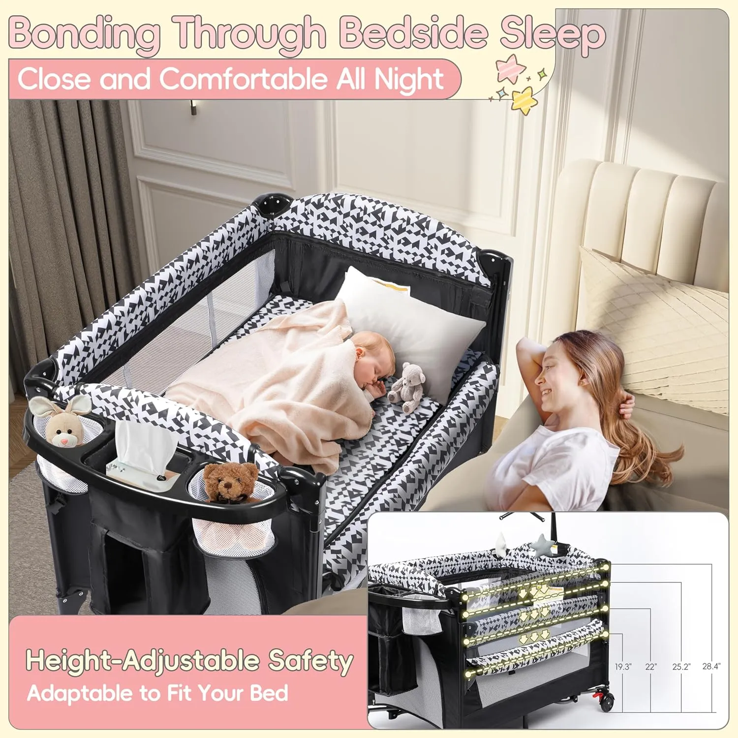 Xilingol 5-in-1 Baby Bassinet Bedside Sleeper, Baby Pack and Play with Changing Table, Portable Toddler Crib with Carry Bag, Cosleeper Bassinet Attach to Bed for Newborn to Toddlers