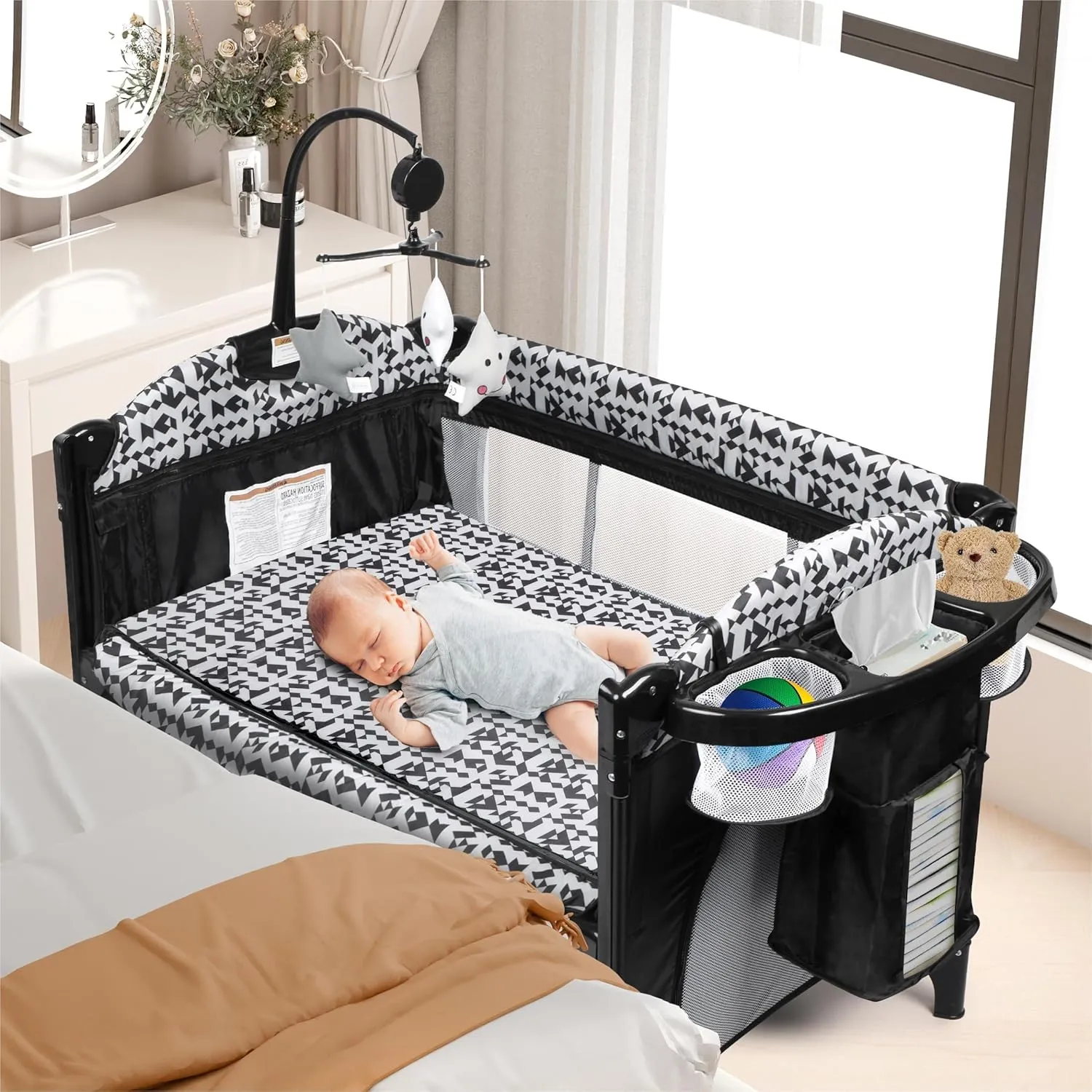 Xilingol 5-in-1 Baby Bassinet Bedside Sleeper, Baby Pack and Play with Changing Table, Portable Toddler Crib with Carry Bag, Cosleeper Bassinet Attach to Bed for Newborn to Toddlers