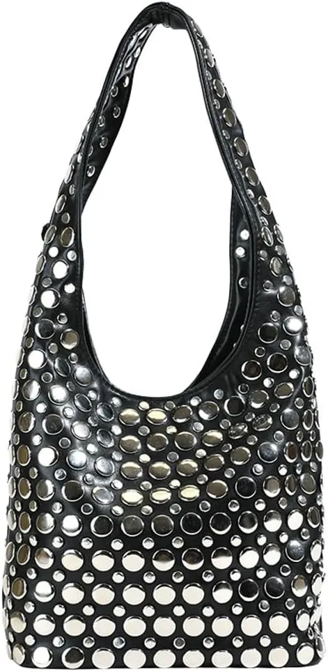 Y2k 90s Crescent Hobo Bags Women Studded PU Leather Shoulder Crossbody Purse Trendy Punk Underarm Satchels Bag Tote Handbag