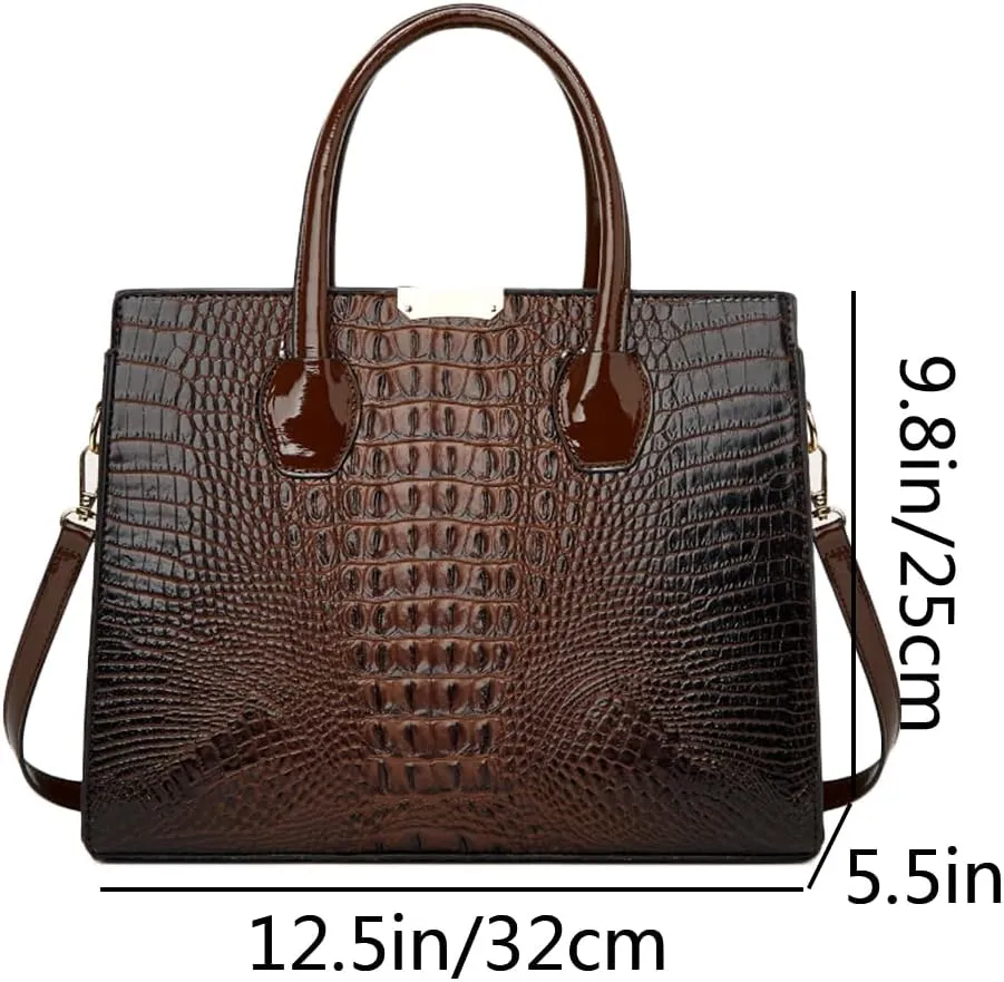 YAQUNICER Tote Top-handle Handbags Patent PU Leather Women Purse Satchel Crocodile Pattern Shoulder Crossbody Bag