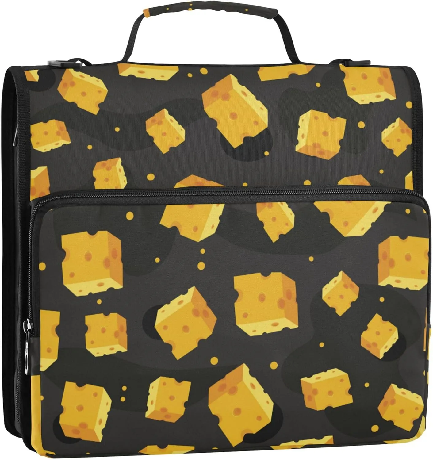 Yellow Cheese Black Zipper Binder, 1.5 inch 3 Ring Binder Organizer Bag with Shoulder Strap and Handle, Multi-Pocket, 500 Sheet Capacity