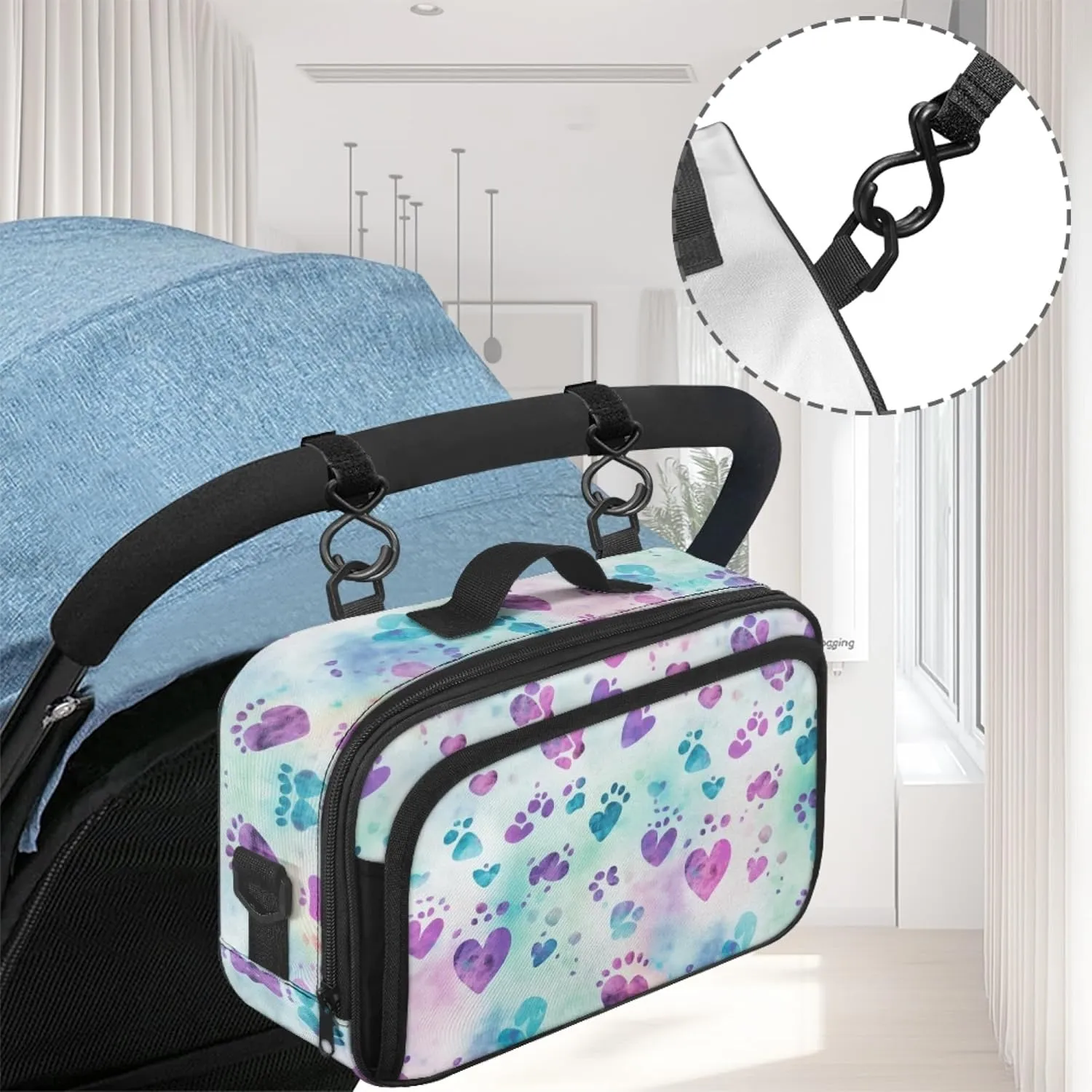 Zanxaintu Dog Paws Mini Stroller Diaper Bag Diaper Caddy with Adjustable Straps for Travel Detachable Hook Diaper Caddy Stroller Accessories Diaper Bag Accessories