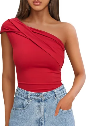 ZESICA Women's One Shoulder Tank Tops 2025 Summer Sleeveless Going Out T Shirts Knit Slim Fit Fashion Tee Top