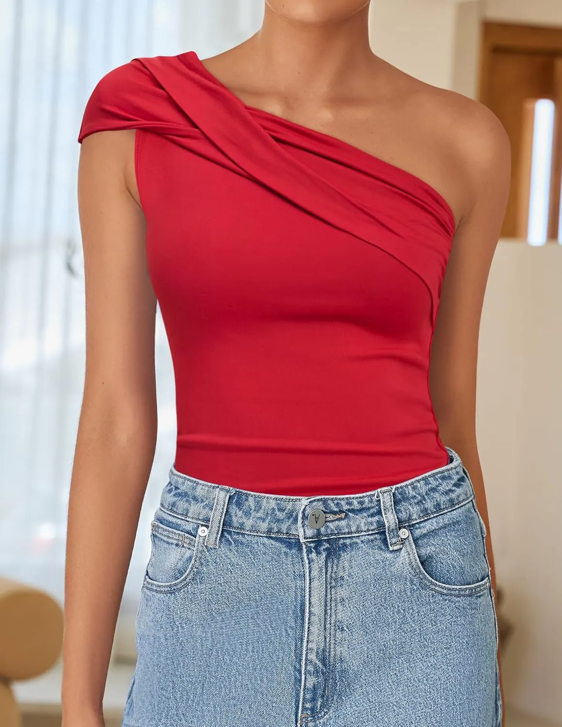ZESICA Women's One Shoulder Tank Tops 2025 Summer Sleeveless Going Out T Shirts Knit Slim Fit Fashion Tee Top