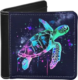 ZFRXIGN Galaxy Sea Turtle Bifold Wallets Boys Wallet Leather Money Clip with Card Holder Slim Organizer Cash Clutch Purse Kids Son Hippie Neon Blue
