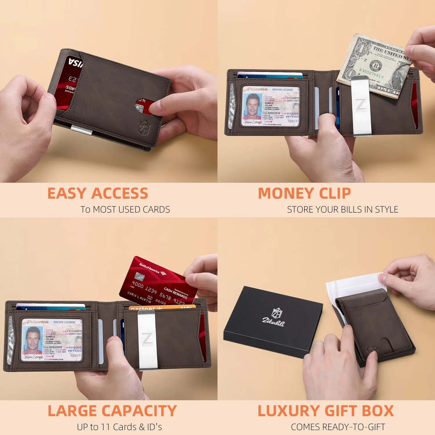 Zitahli Slim Wallets for Men - Leather Money Clip Mens Wallet - RFID Blocking Front Pocket Bifold Wallet - Minimalist Credit Card Holder with Gift Box