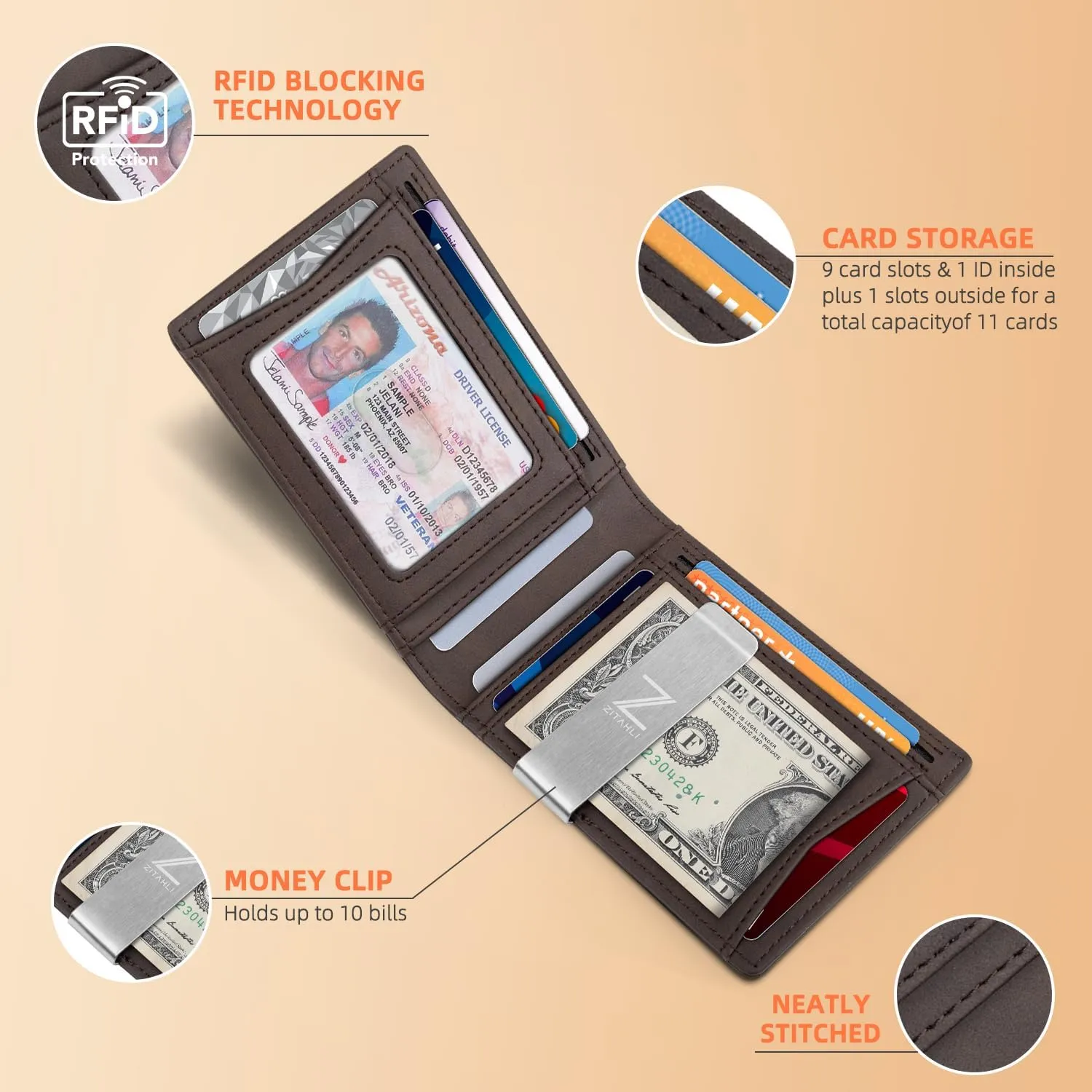 Zitahli Slim Wallets for Men - Leather Money Clip Mens Wallet - RFID Blocking Front Pocket Bifold Wallet - Minimalist Credit Card Holder with Gift Box