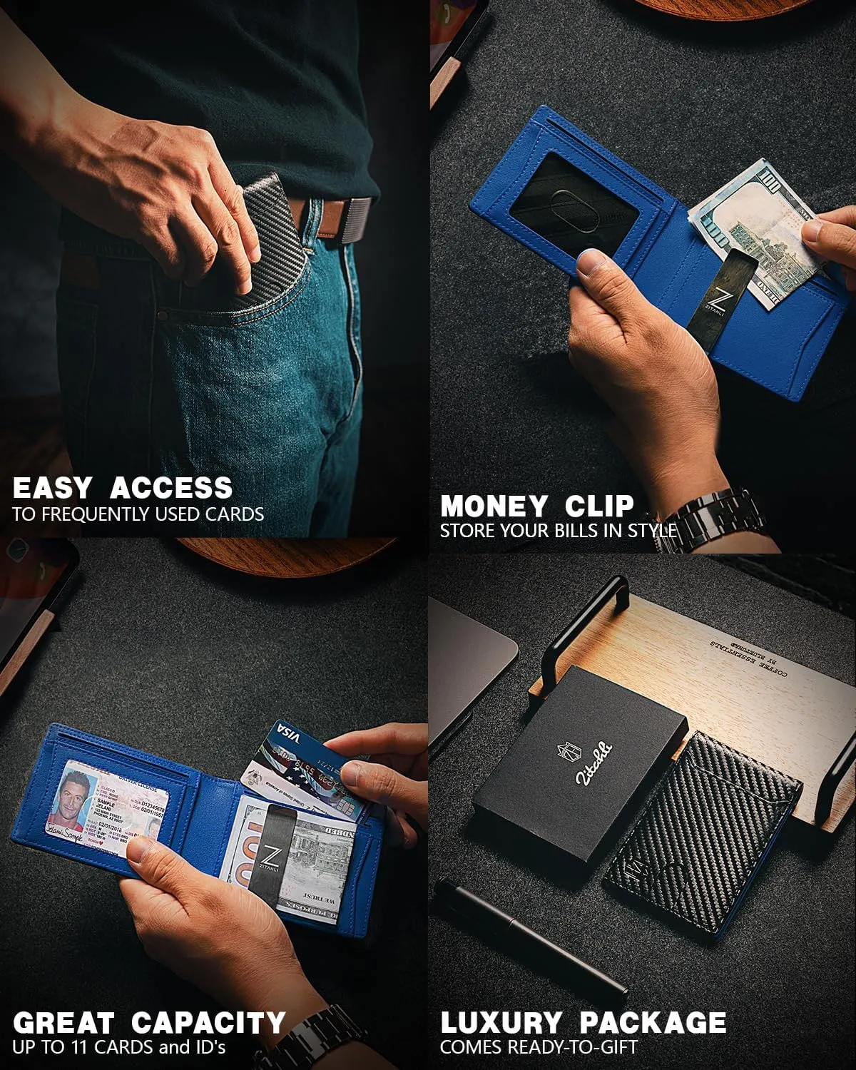 Zitahli Slim Wallets for Men - Leather Money Clip Mens Wallet - RFID Blocking Front Pocket Bifold Wallet - Minimalist Credit Card Holder with Gift Box