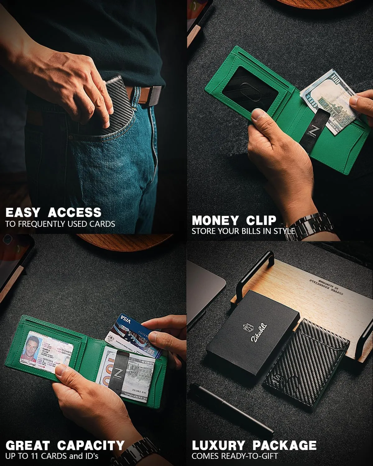 Zitahli Slim Wallets for Men - Leather Money Clip Mens Wallet - RFID Blocking Front Pocket Bifold Wallet - Minimalist Credit Card Holder with Gift Box