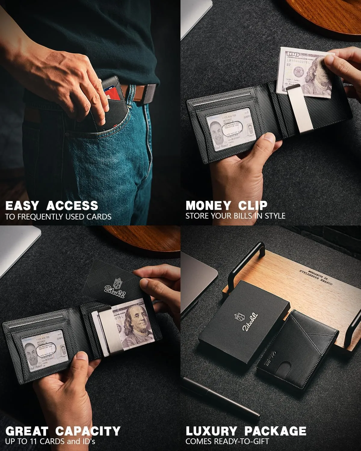 Zitahli Wallet for Men - with Money Clip Slim Leather Slots Credit Card Holder RFID Blocking Bifold Minimalist Wallets with Gift Box